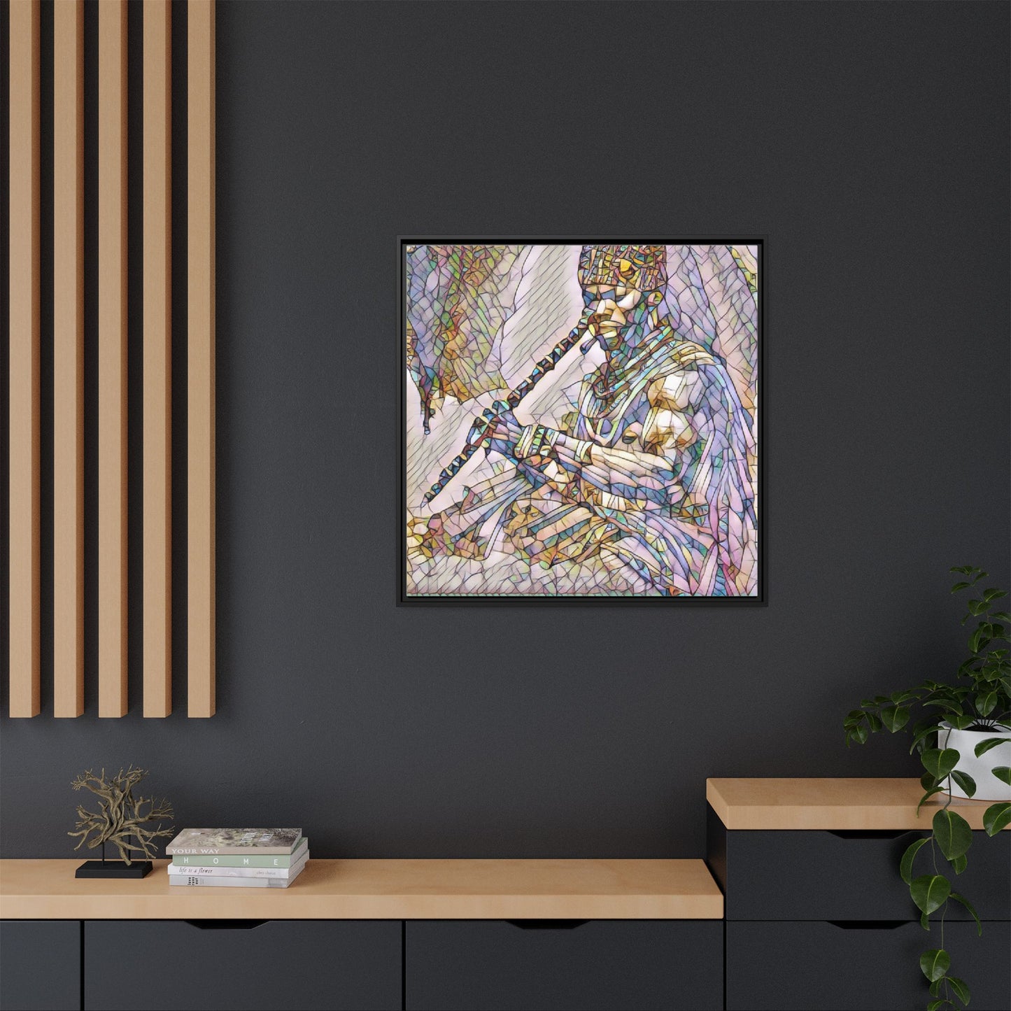 Tribal Flute Musician Stained-Glass Framed Canvas Art