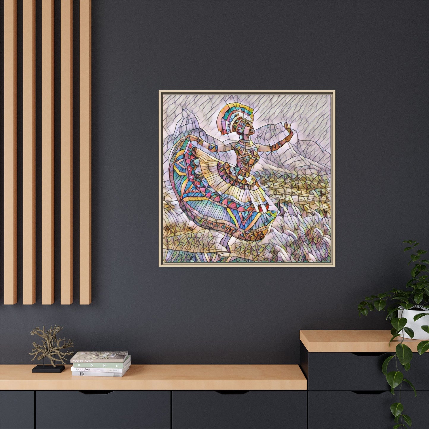 Ballerina Mosaic Framed Canvas Print — Colorful Ethnic Dance Wall Art