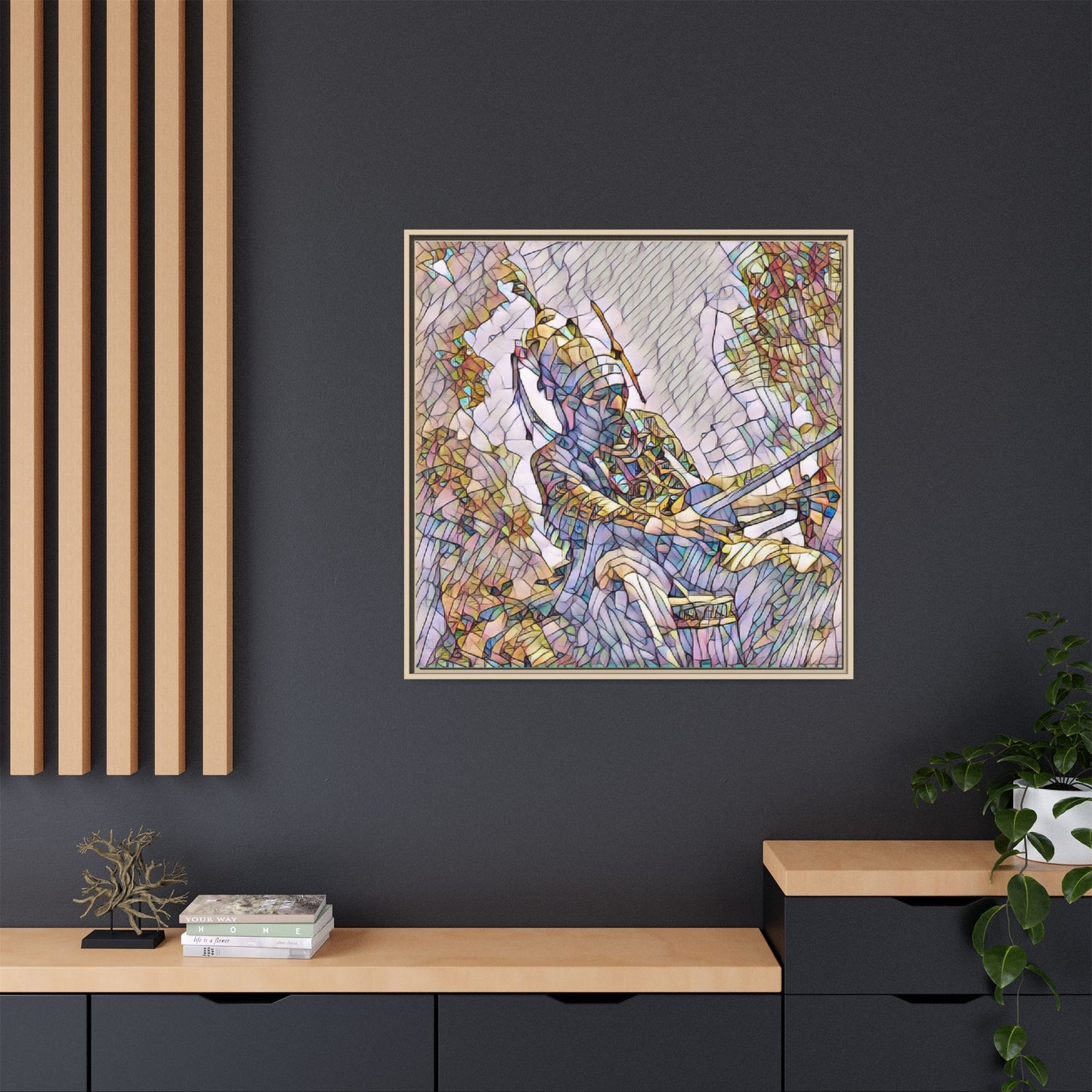 Stained Glass Archer Framed Canvas Print — Fantasy Bow Hunter Wall Art