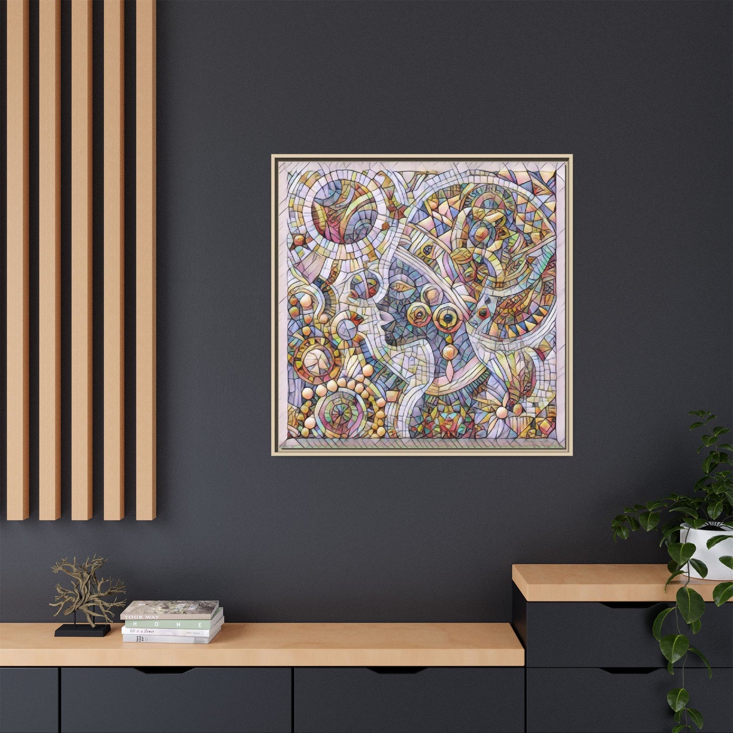 Abstract Mosaic Framed Canvas Art — Multicolor Geometric Wall Decor