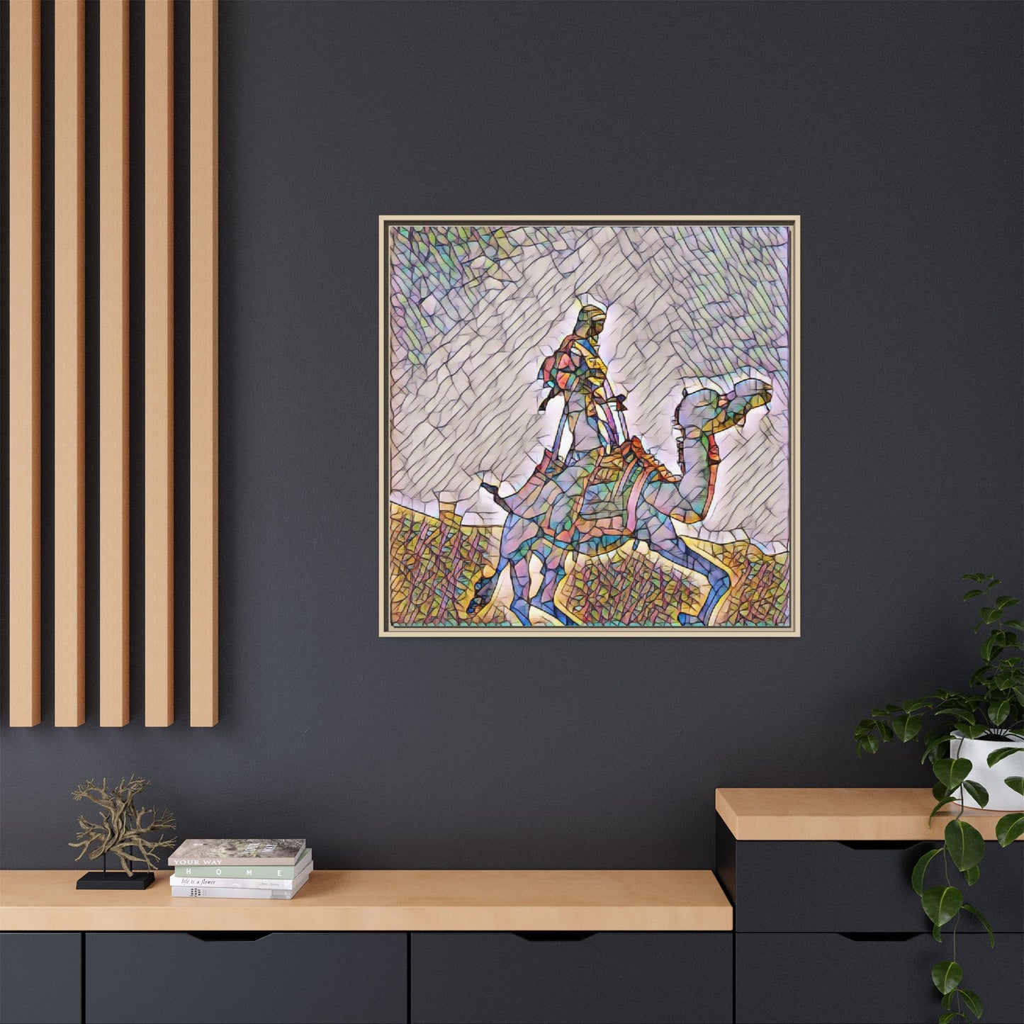Framed Camel Rider Matte Canvas Art — Colorful Mosaic Desert Wall Decor