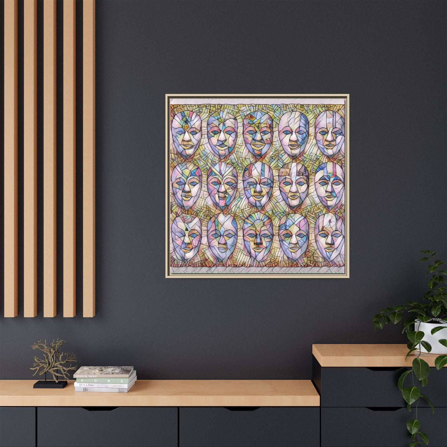 Abstract Mask Art Matte Canvas Print — Framed Multicolor Wall Art