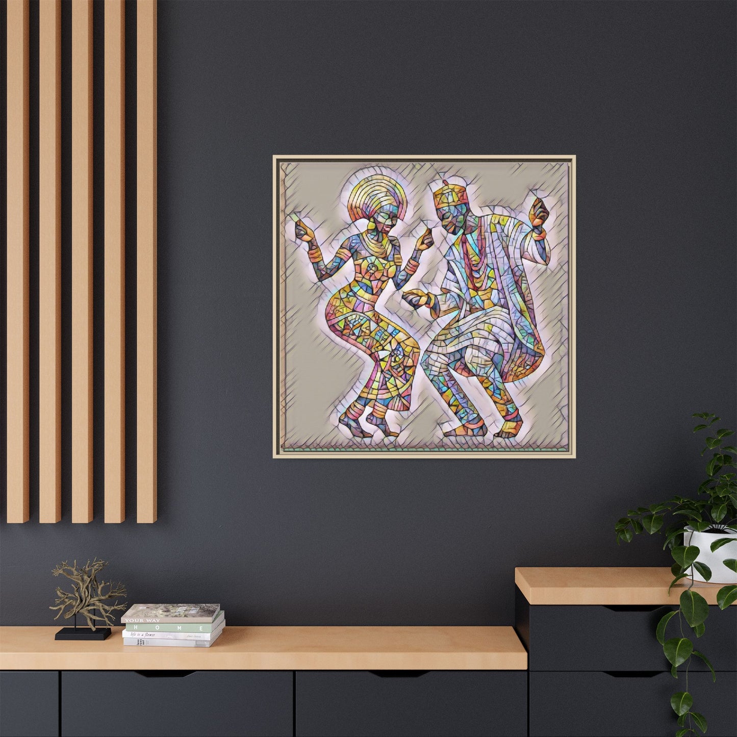 Afrobeat Dancers Framed Canvas Art — Colorful Mosaic African Dance Print