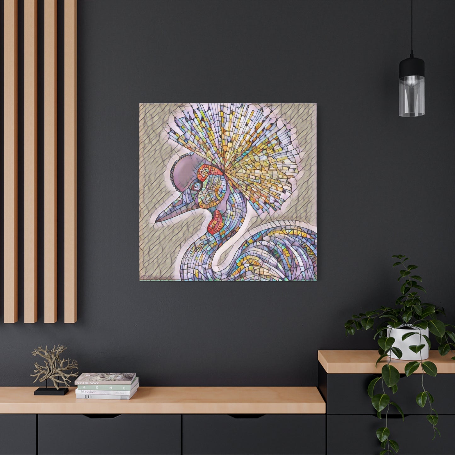 Colorful Mosaic Crowned Crane Canvas Wall Art — Stretched Matte Print
