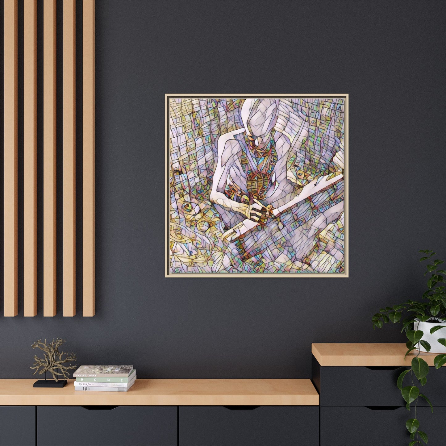 Abstract Fantasy Warrior Matte Framed Canvas — Colorful Stained-Glass Style Art
