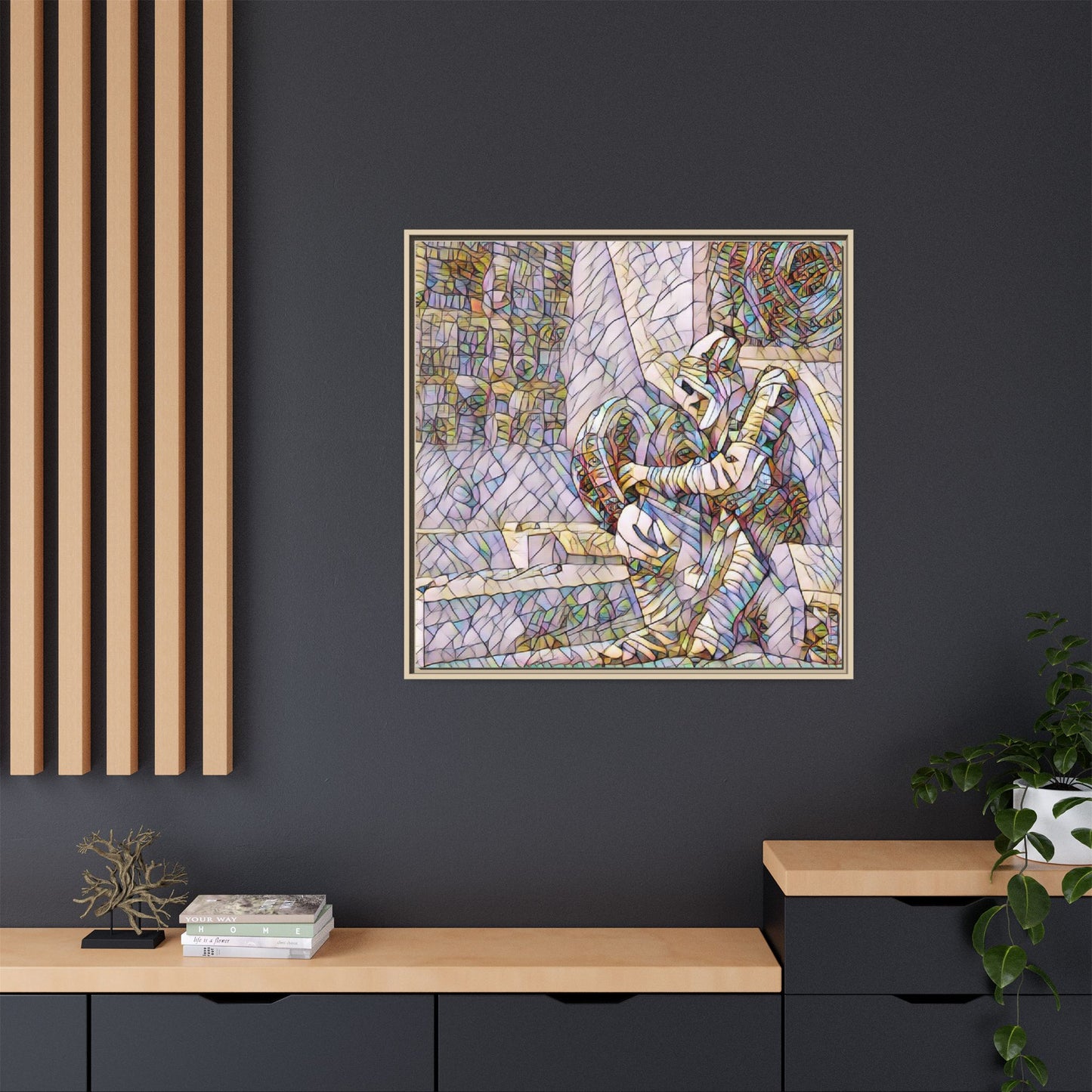 Framed Matte Canvas Art — Colorful Stained-Glass Astronaut Embrace
