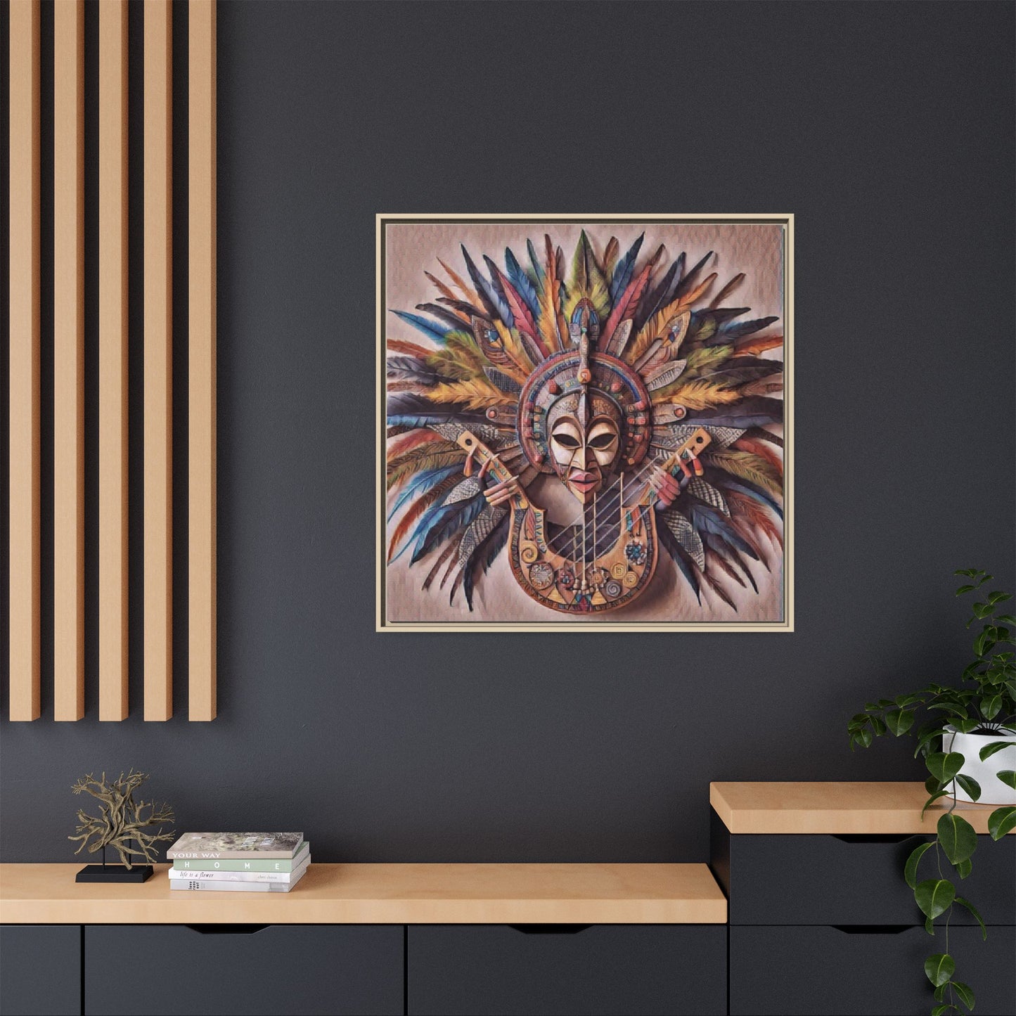 Tribal Feather Mask Guitar Framed Canvas Art — Colorful Boho Wall Decor