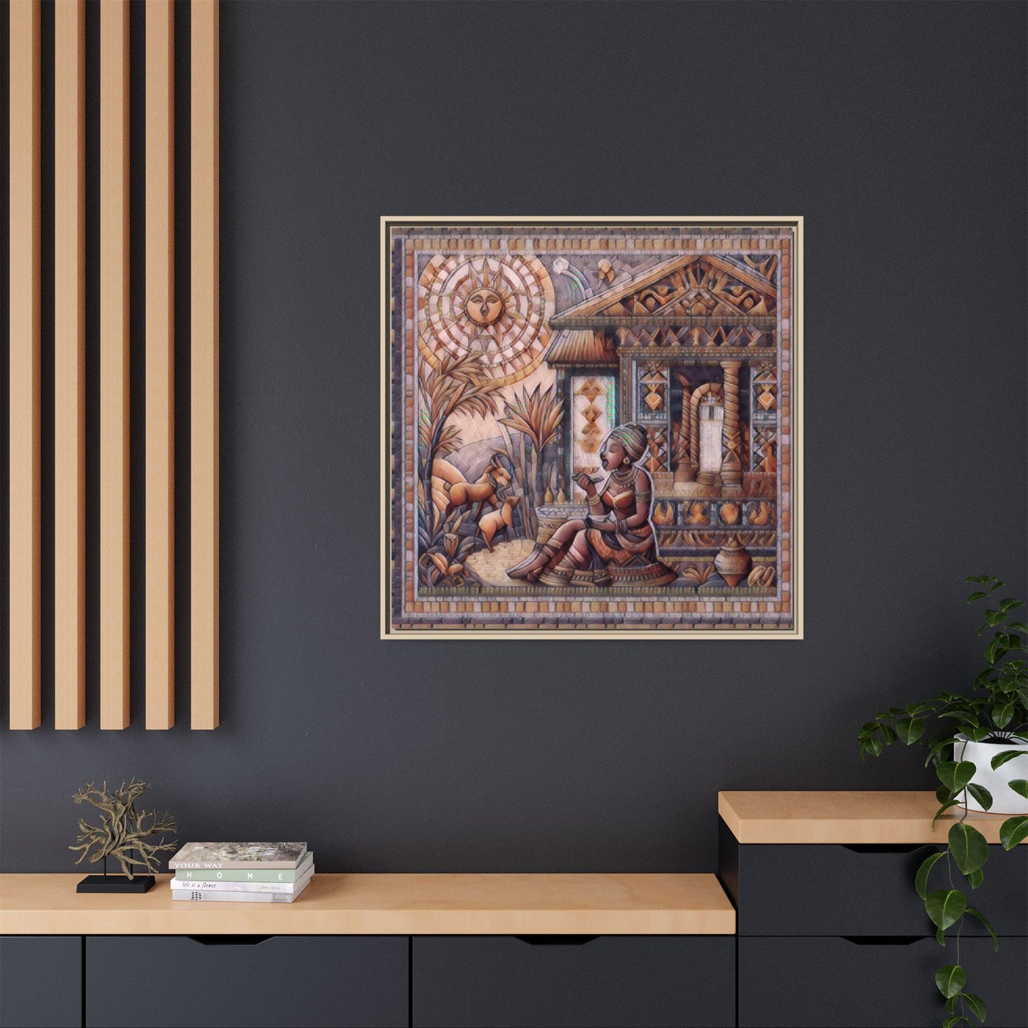 Egyptian Goddess Mosaic Framed Canvas Art — Colorful Ancient Ritual Wall Decor