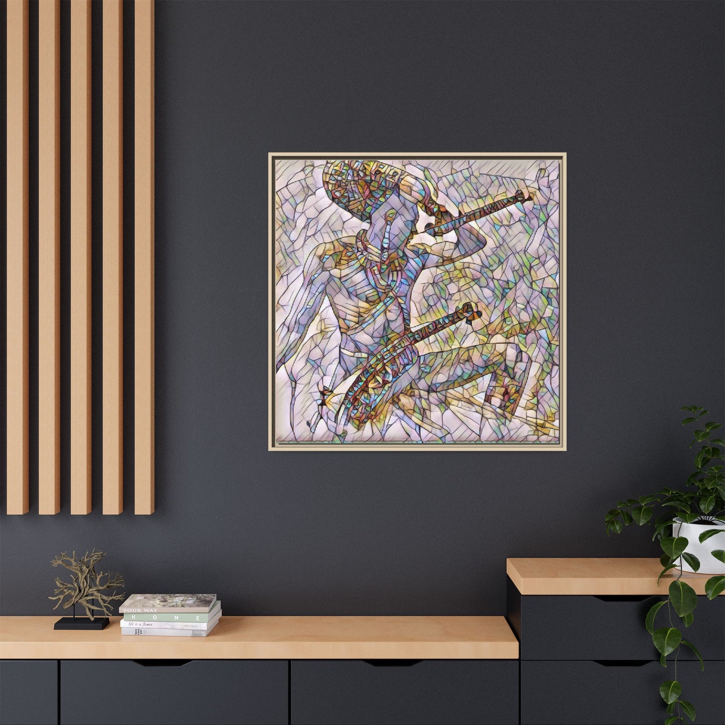 Stained Glass Blue Musician — Framed Matte Canvas Art