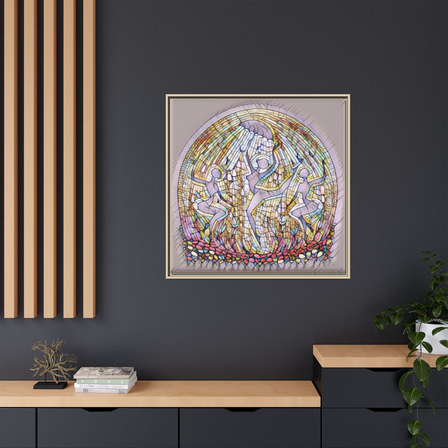 Framed Canvas Art - Stained Glass Dance Trio (Matte Multi-Color)