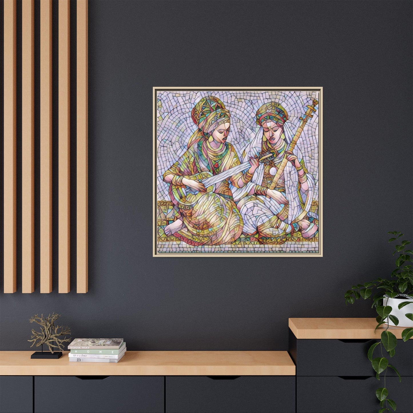 Framed Mosaic Art Print — Two Women Playing Lutes (Matte Canvas)