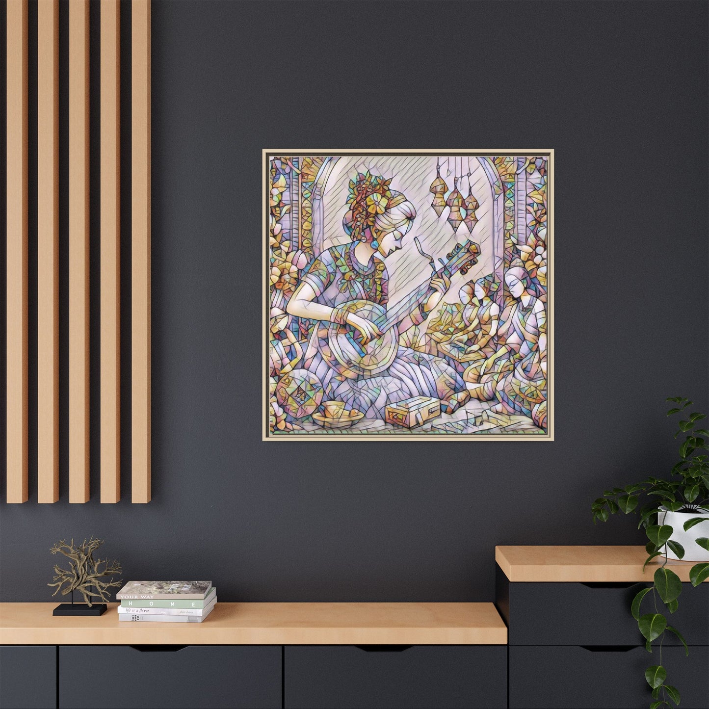 Framed Matte Canvas: Bohemian Woman Playing Lute — Stained-Glass Style Wall Art