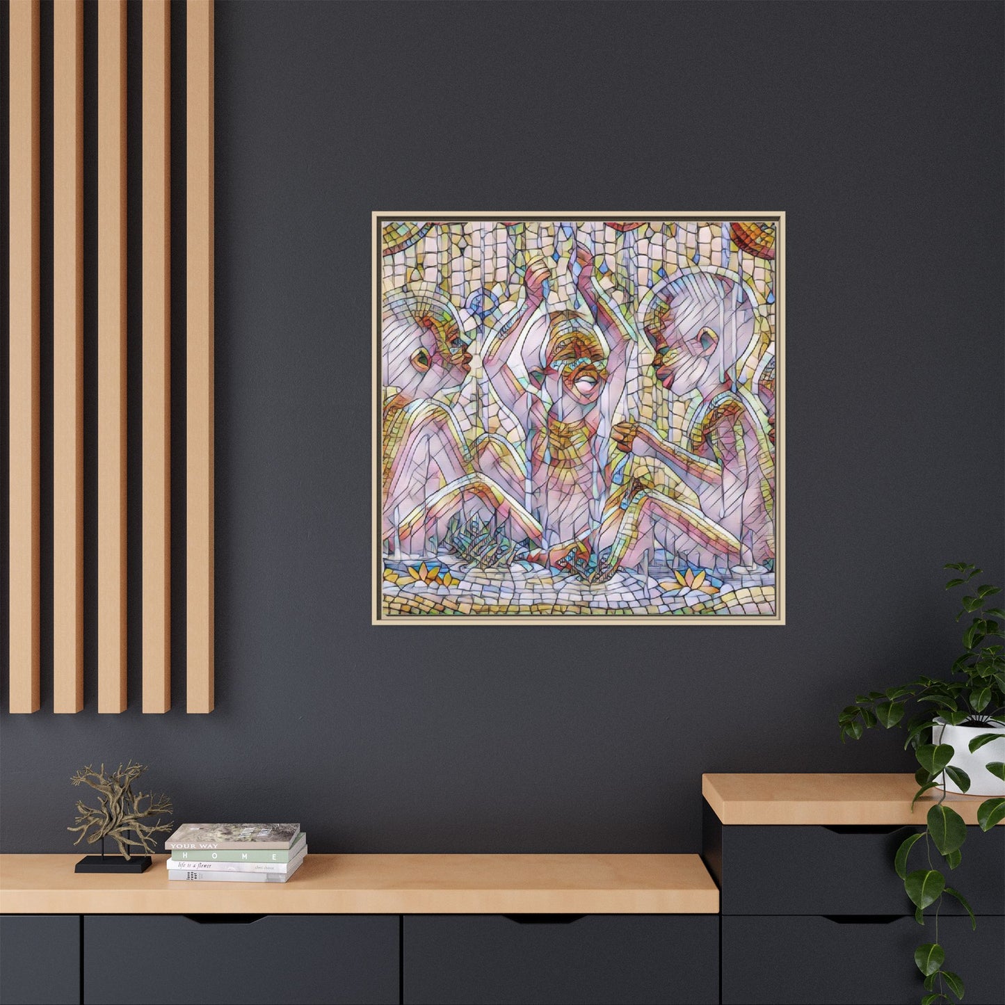 Framed Matte Canvas Art — Mosaic Children Playing (Multicolor)