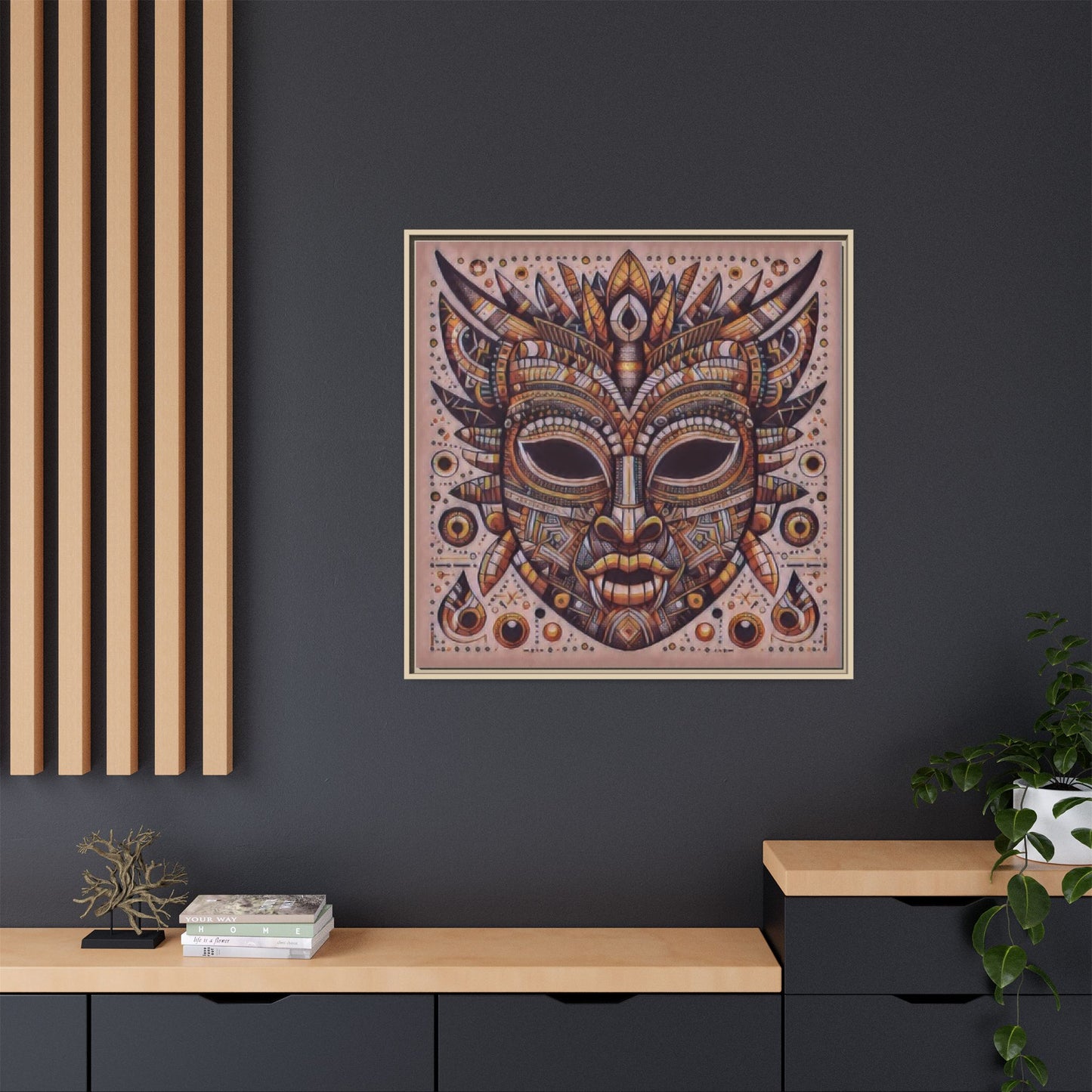 Tribal Mask Framed Canvas Art — Multicolor Matte Wall Decor