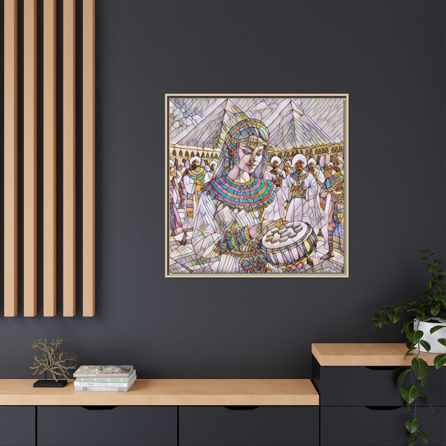 Egyptian Drum Player Framed Canvas Art — Colorful Ancient Scene Wall Decor