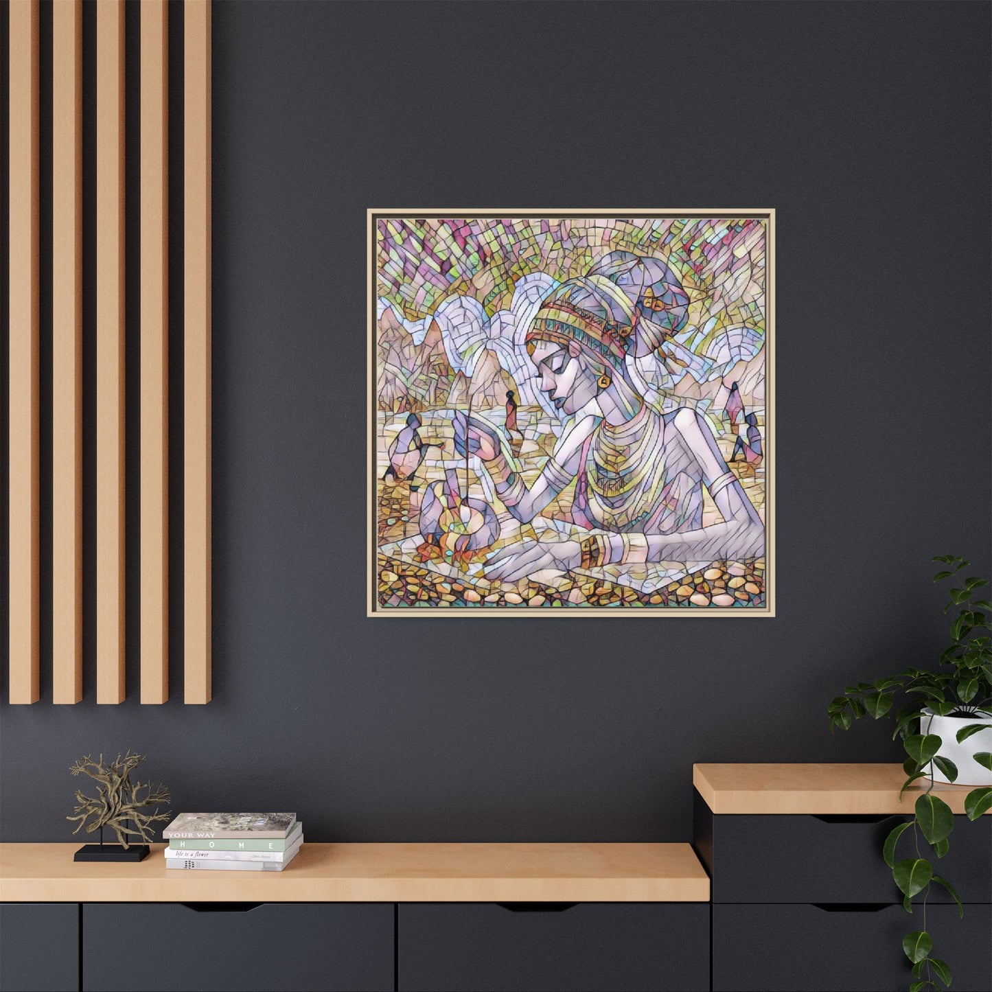 Framed Matte Canvas Art — Mosaic-Inspired Egyptian Woman Illustration
