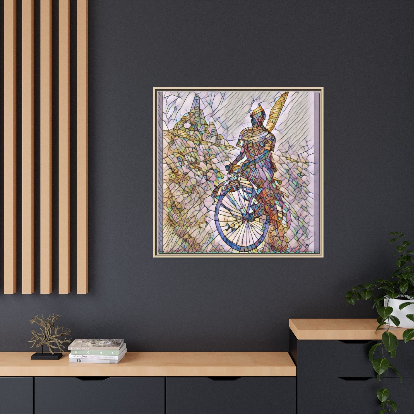 Cyclist Stained Glass Art Print — Framed Matte Canvas
