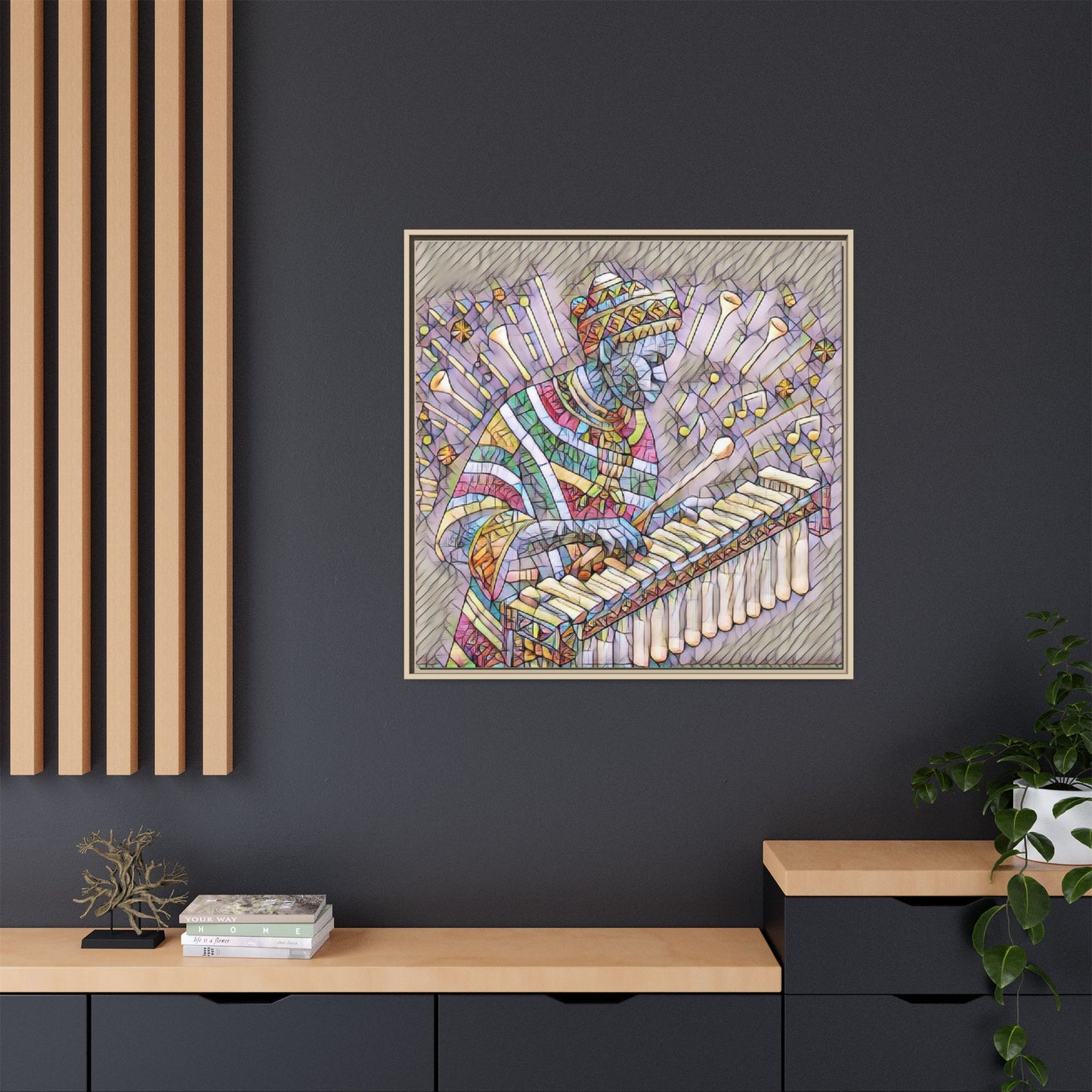 Colorful Marimba Musician Matte Framed Canvas — Vibrant African Instrument Wall Art