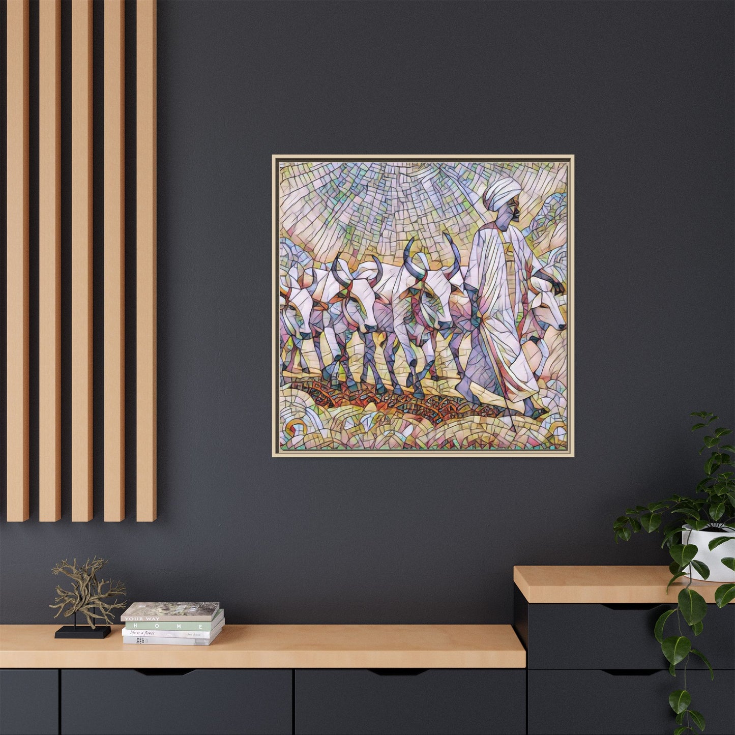 Framed Matte Canvas Art — African Herdsman Mosaic Print