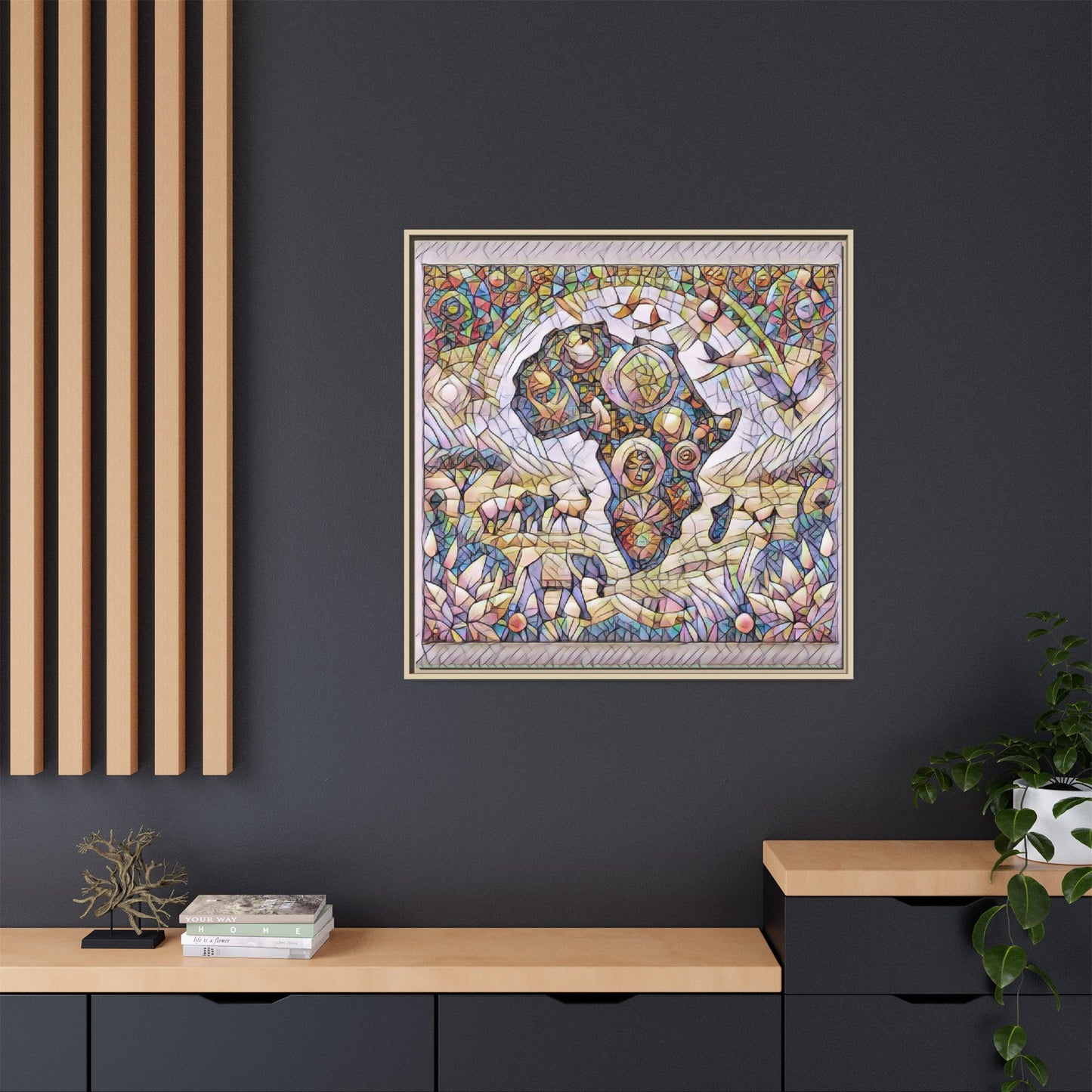 Abstract Mosaic Africa Framed Canvas — Colorful Stained-Glass Wall Art