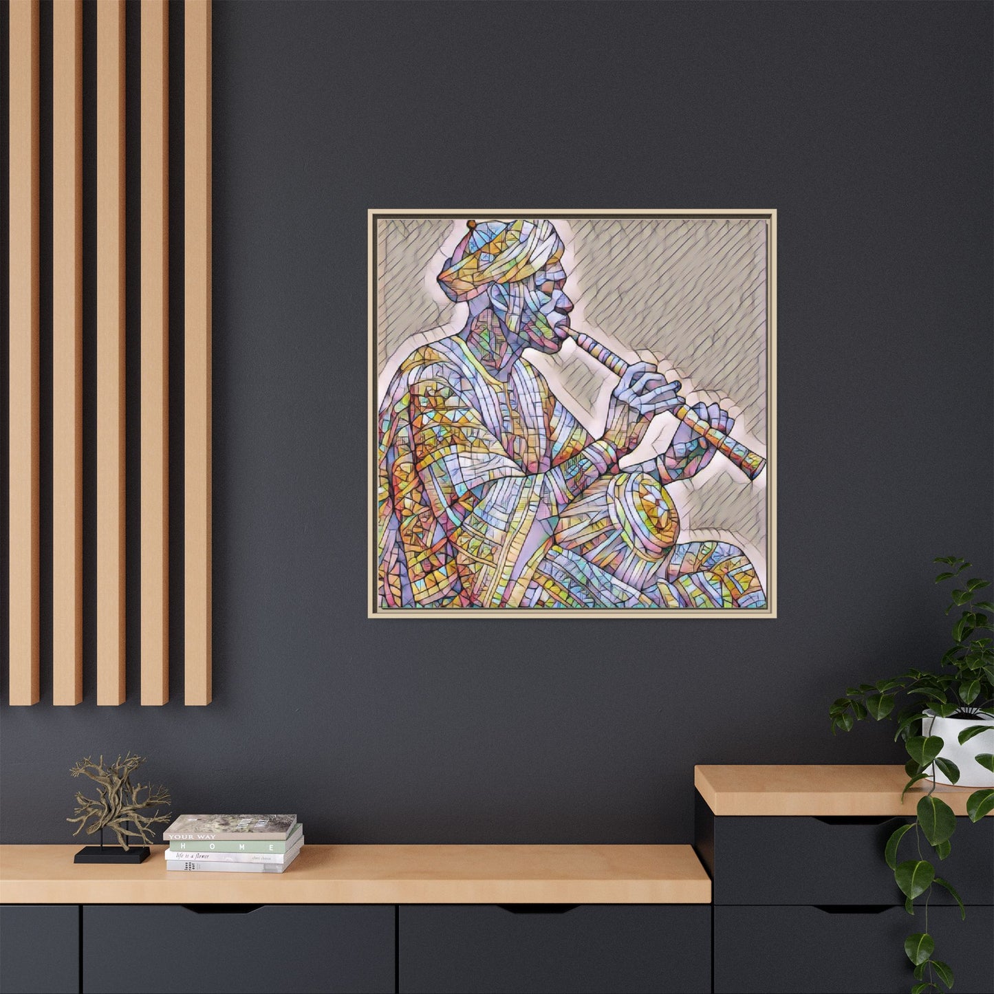 Framed Canvas Art — Colorful Middle Eastern Flute Player Print