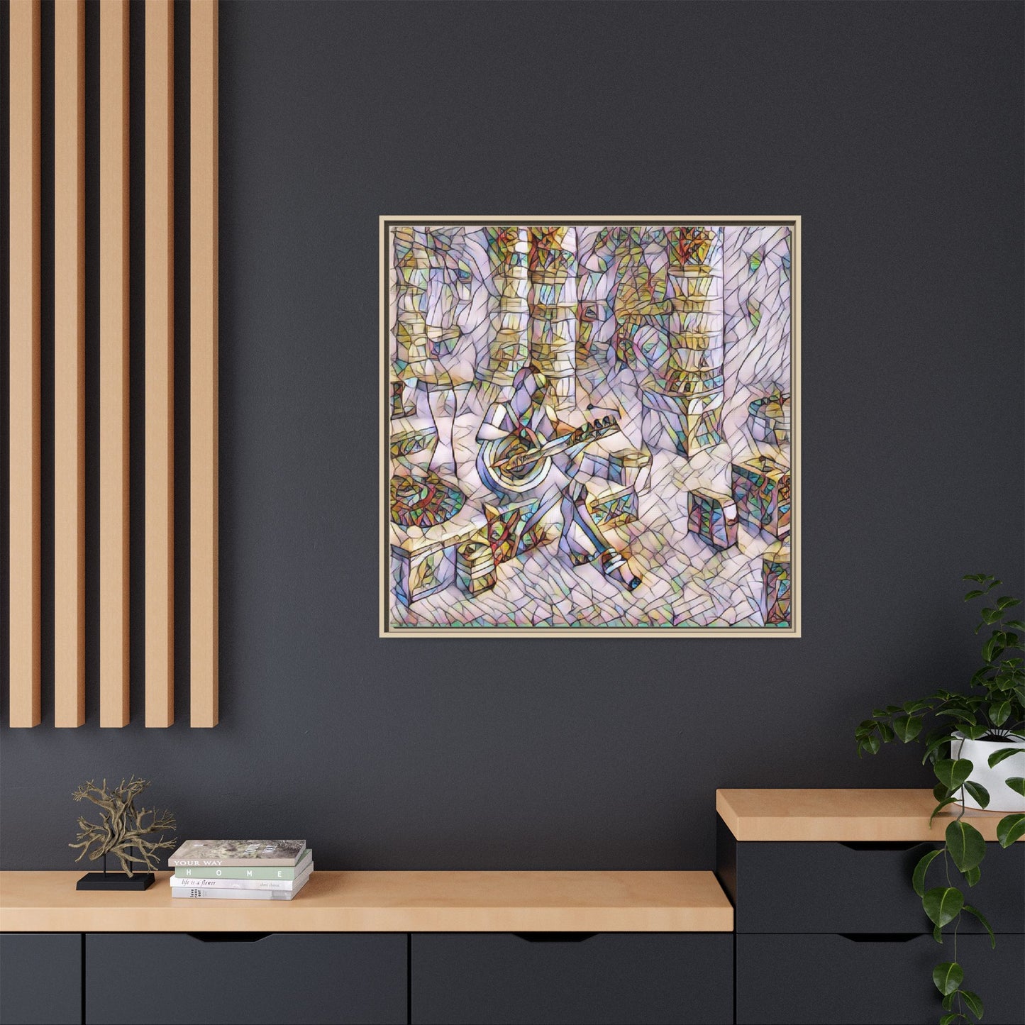 Framed Matte Canvas Art - Abstract Guitarist in Colorful Mosaic
