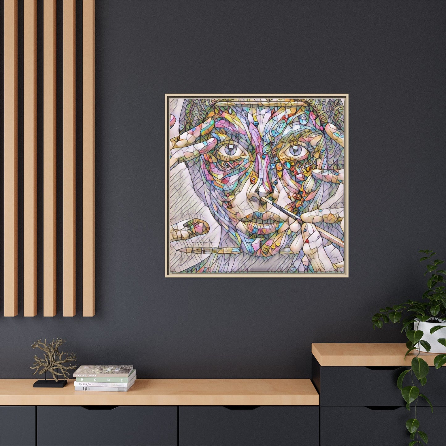 Framed Abstract Mosaic Face Canvas — Colorful Modern Wall Art