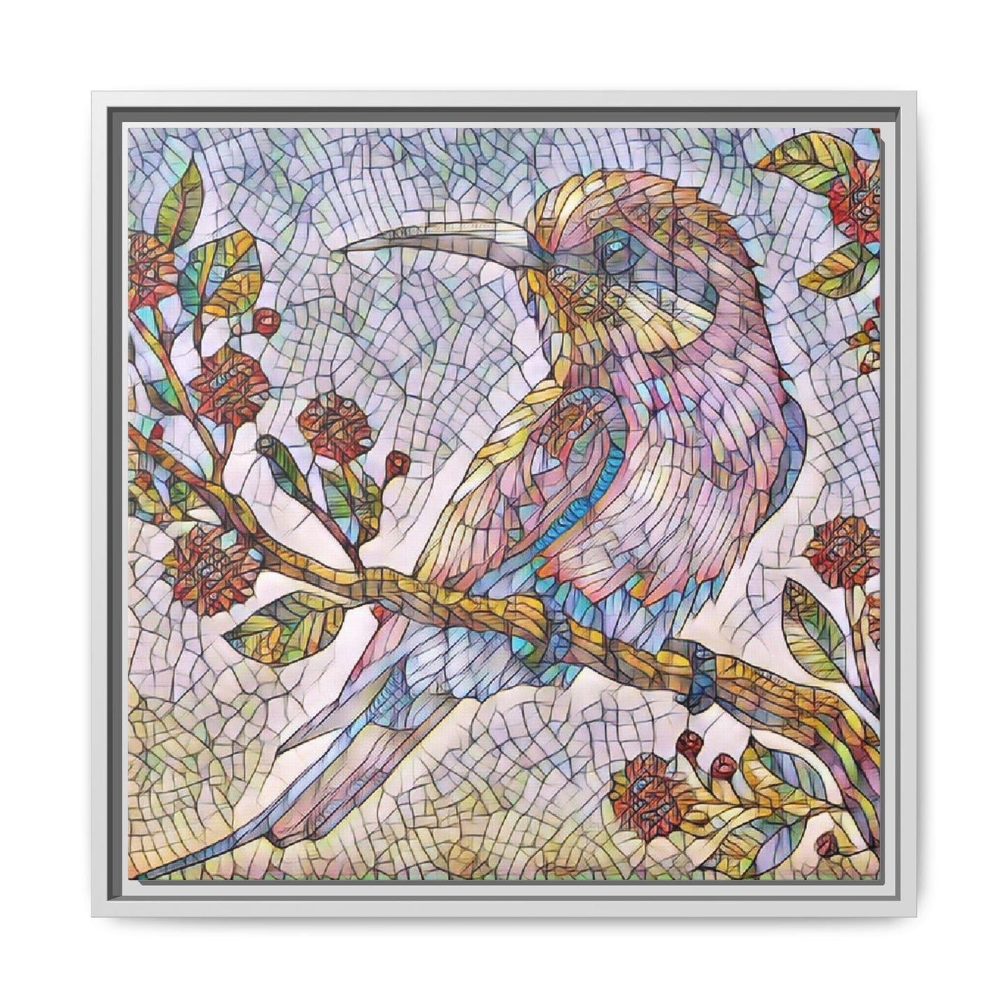 Framed Mosaic Bird Art Print — Colorful Kookaburra Wall Canvas