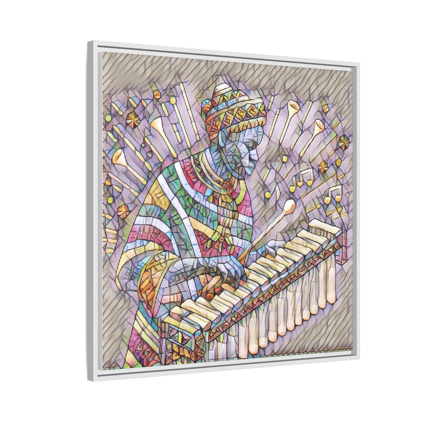 Colorful Marimba Musician Matte Framed Canvas — Vibrant African Instrument Wall Art