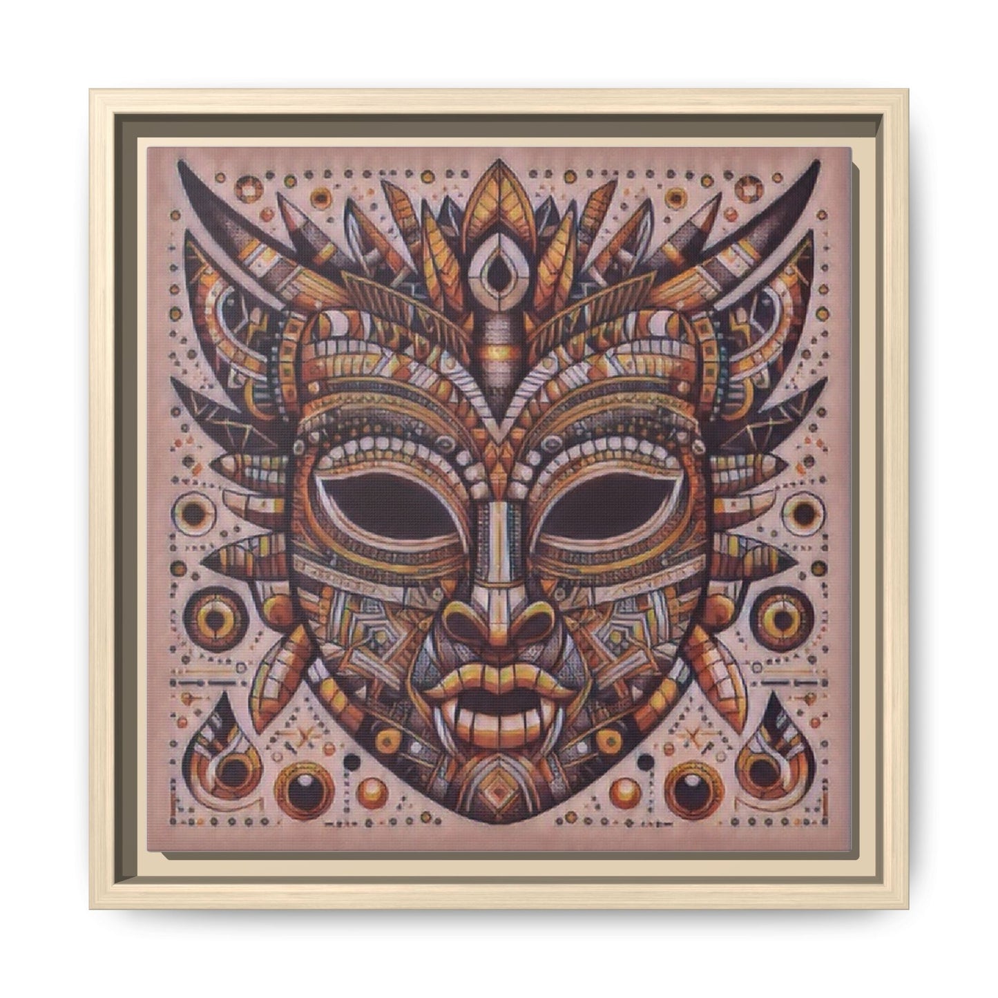 Tribal Mask Framed Canvas Art — Multicolor Matte Wall Decor