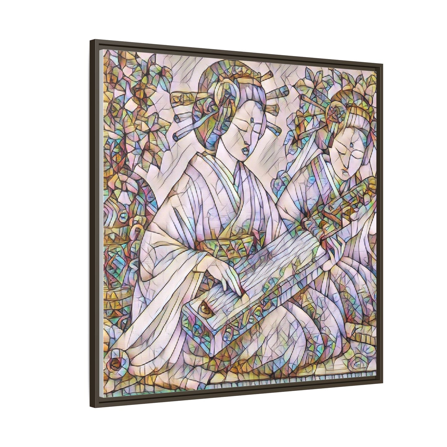 Framed Matte Canvas Print — Stained-Glass Geisha Duo