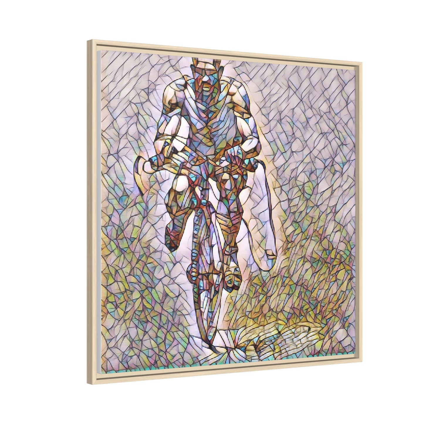 Cyclist Art Print — Framed Matte Canvas Wall Art (Multicolor Stained-Glass Style)