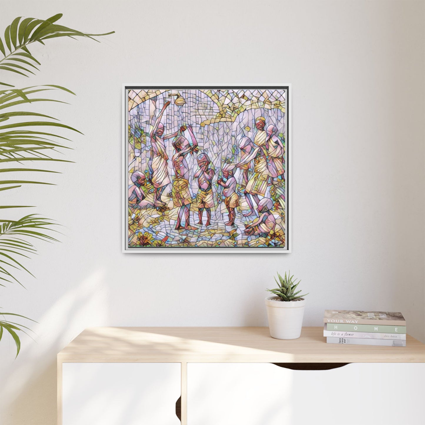 Framed Matte Canvas – Colorful Mosaic Children Playing Wall Art