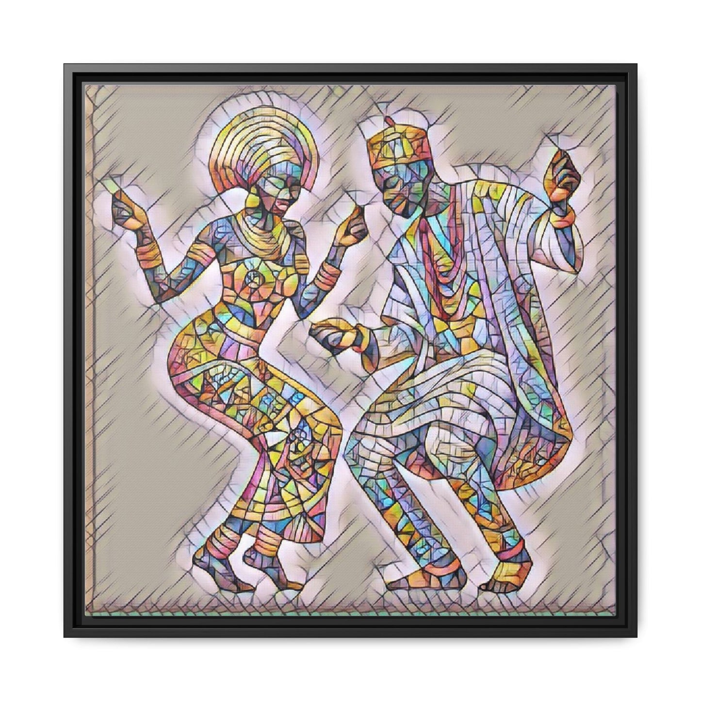Afrobeat Dancers Framed Canvas Art — Colorful Mosaic African Dance Print