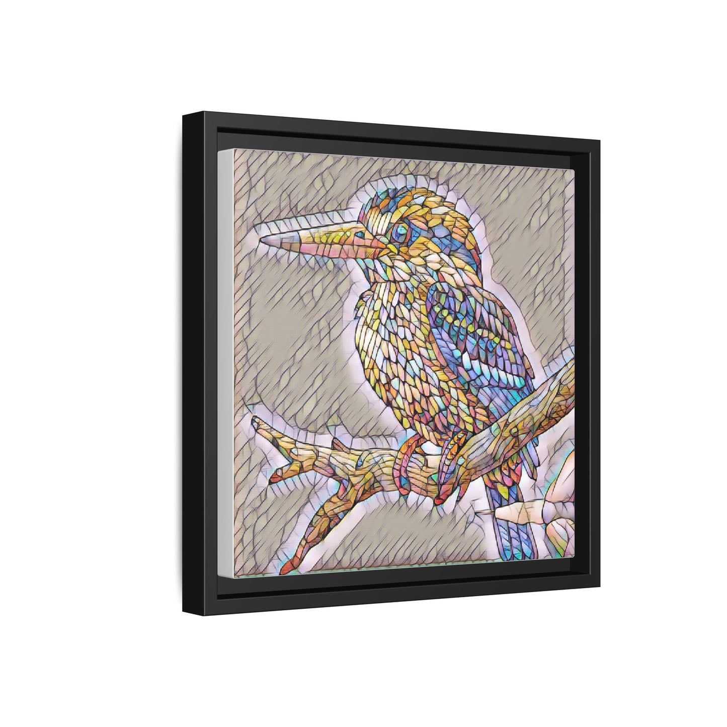 Colorful Kingfisher Framed Canvas Wall Art — Stained-Glass Style Bird Print