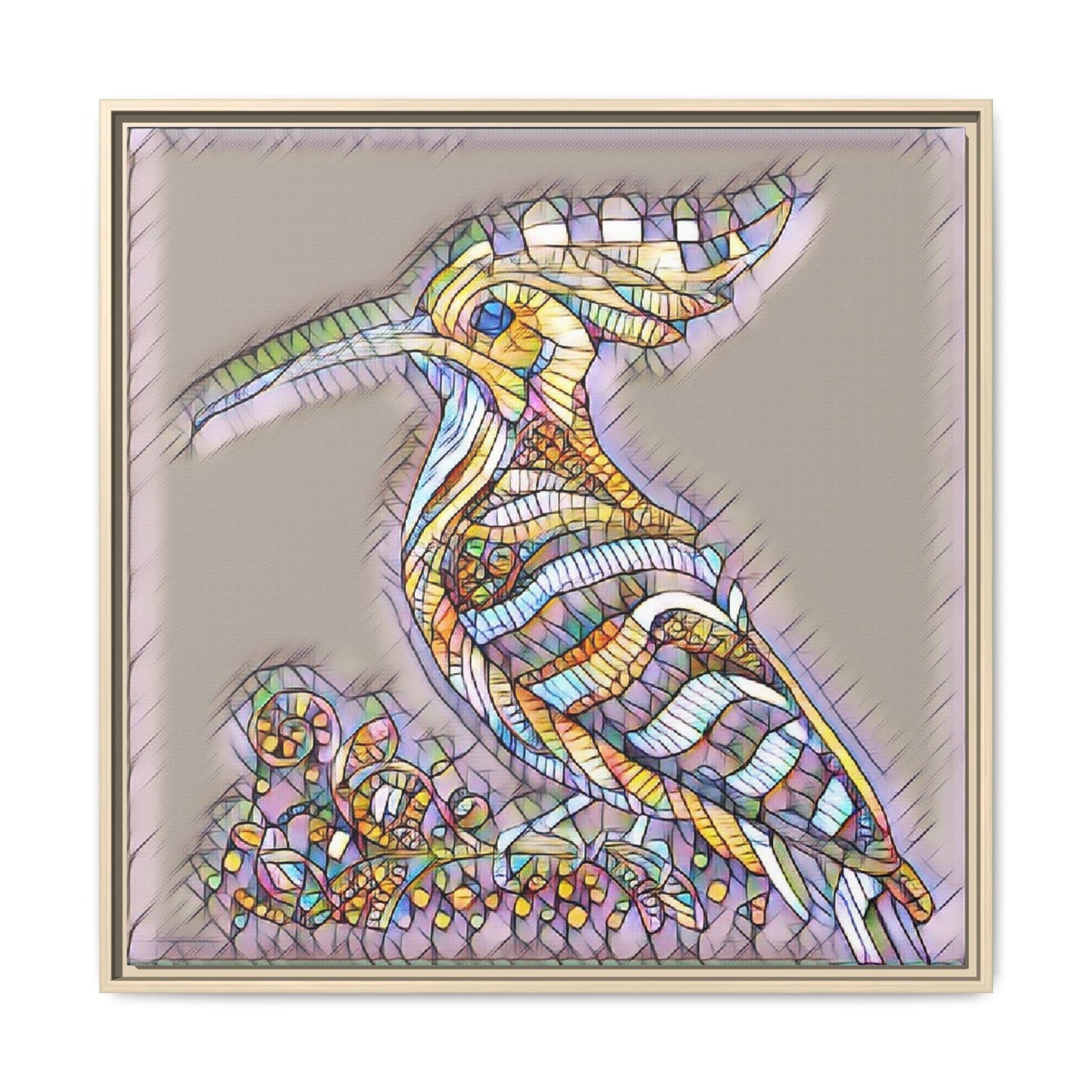 Colorful Mosaic Bird Framed Canvas Art — Whimsical Hoopoe Wall Decor