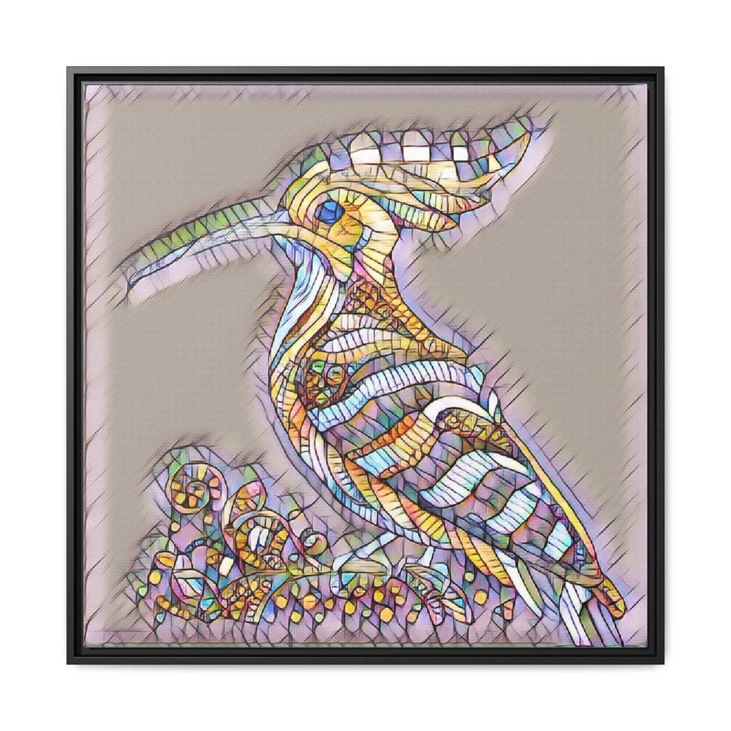Colorful Mosaic Bird Framed Canvas Art — Whimsical Hoopoe Wall Decor