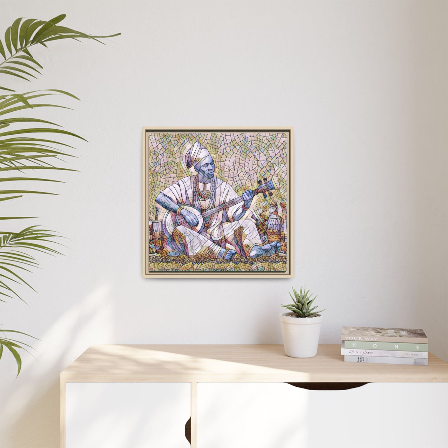 Framed Mosaic Musician Canvas Art — African Griot with Kora
