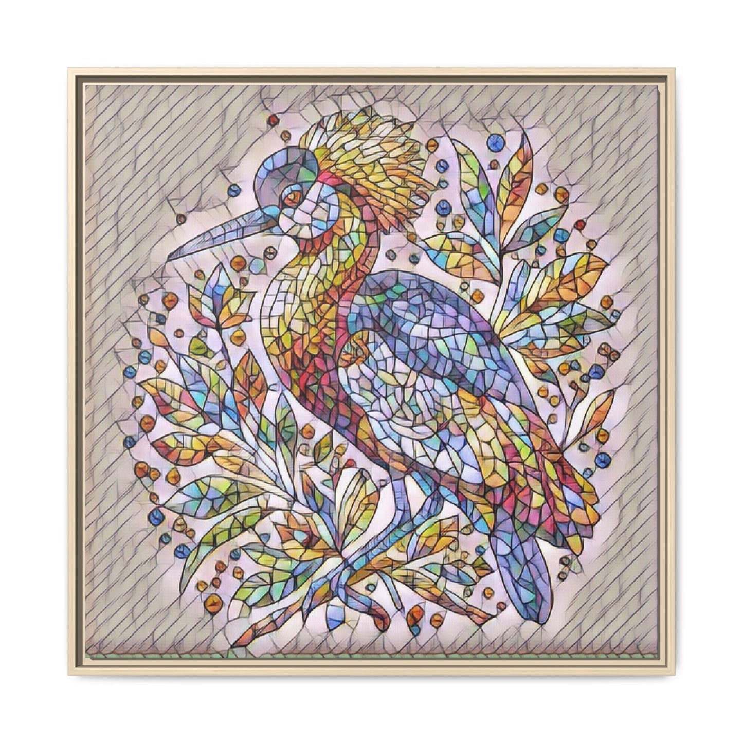 Colorful Stained-Glass Heron — Framed Matte Canvas Wall Art