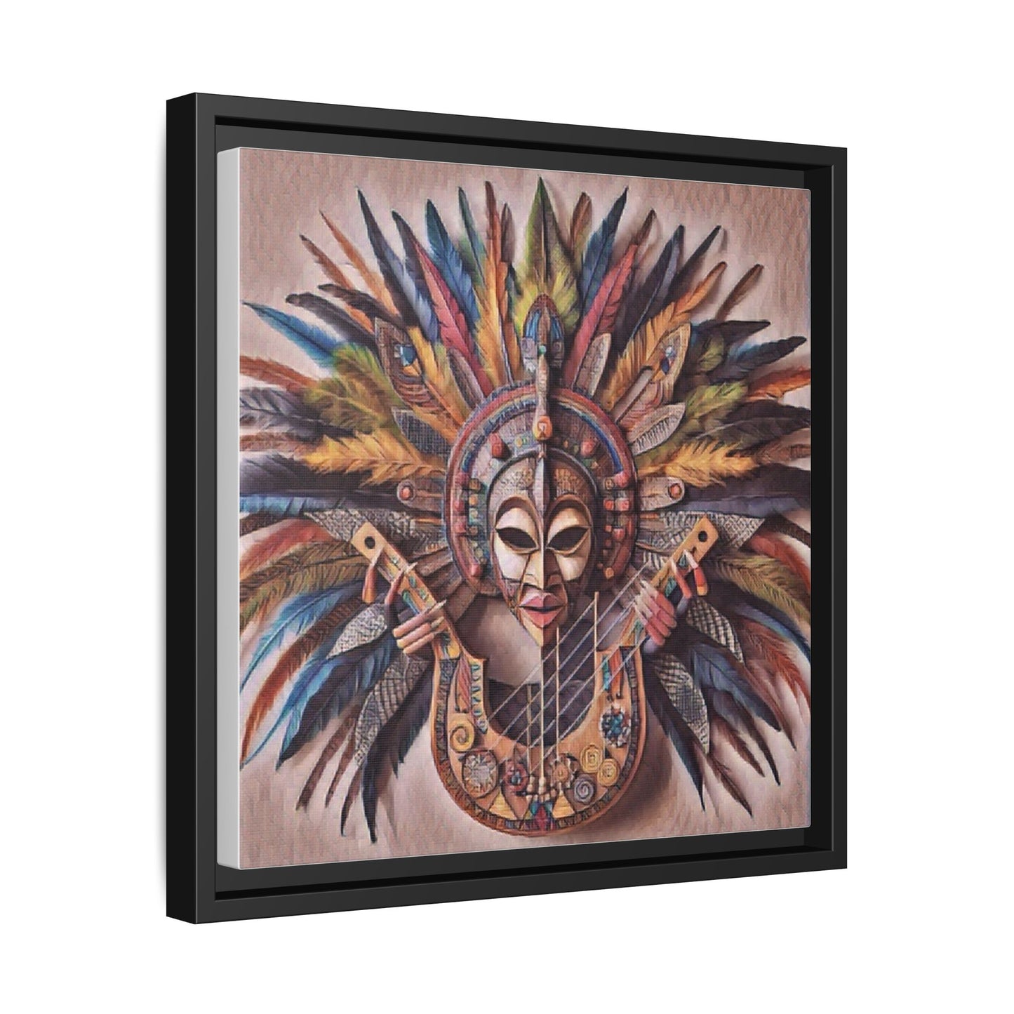 Tribal Feather Mask Guitar Framed Canvas Art — Colorful Boho Wall Decor
