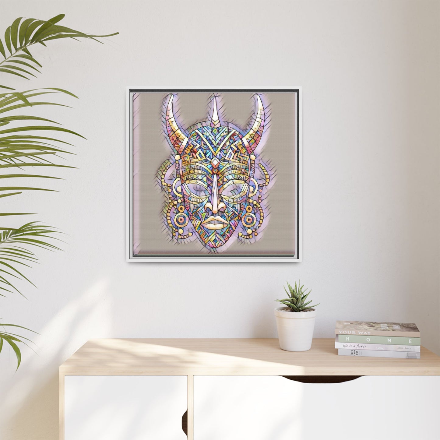 Colorful Tribal Mask Framed Canvas Art — Abstract Ethnic Wall Decor