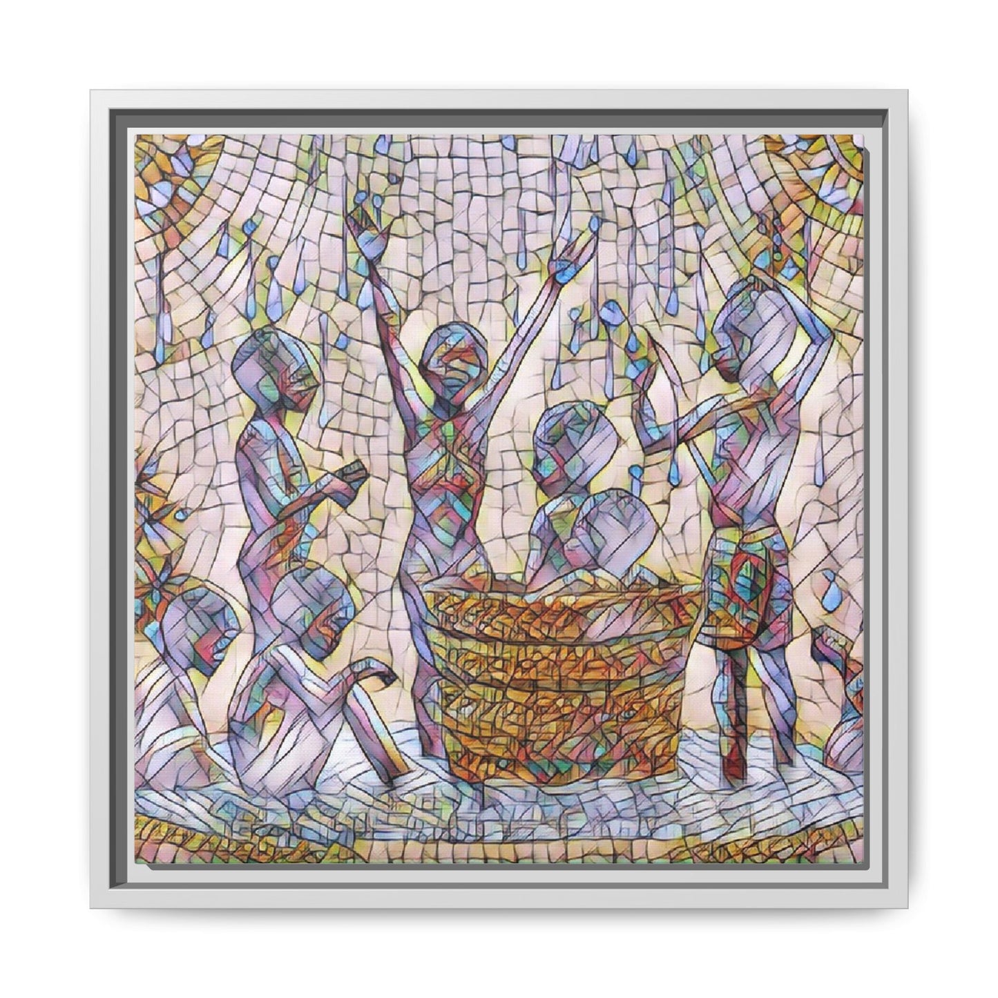 Framed Matte Canvas Art — Children Playing Mosaic Illustration