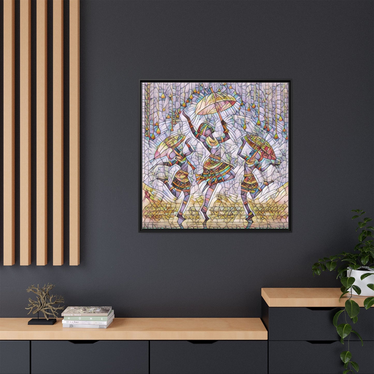 Colorful African Dance Framed Canvas Art — Umbrella Dancers Wall Decor