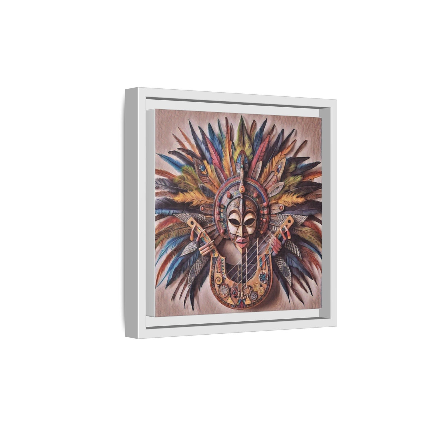 Tribal Feather Mask Guitar Framed Canvas Art — Colorful Boho Wall Decor