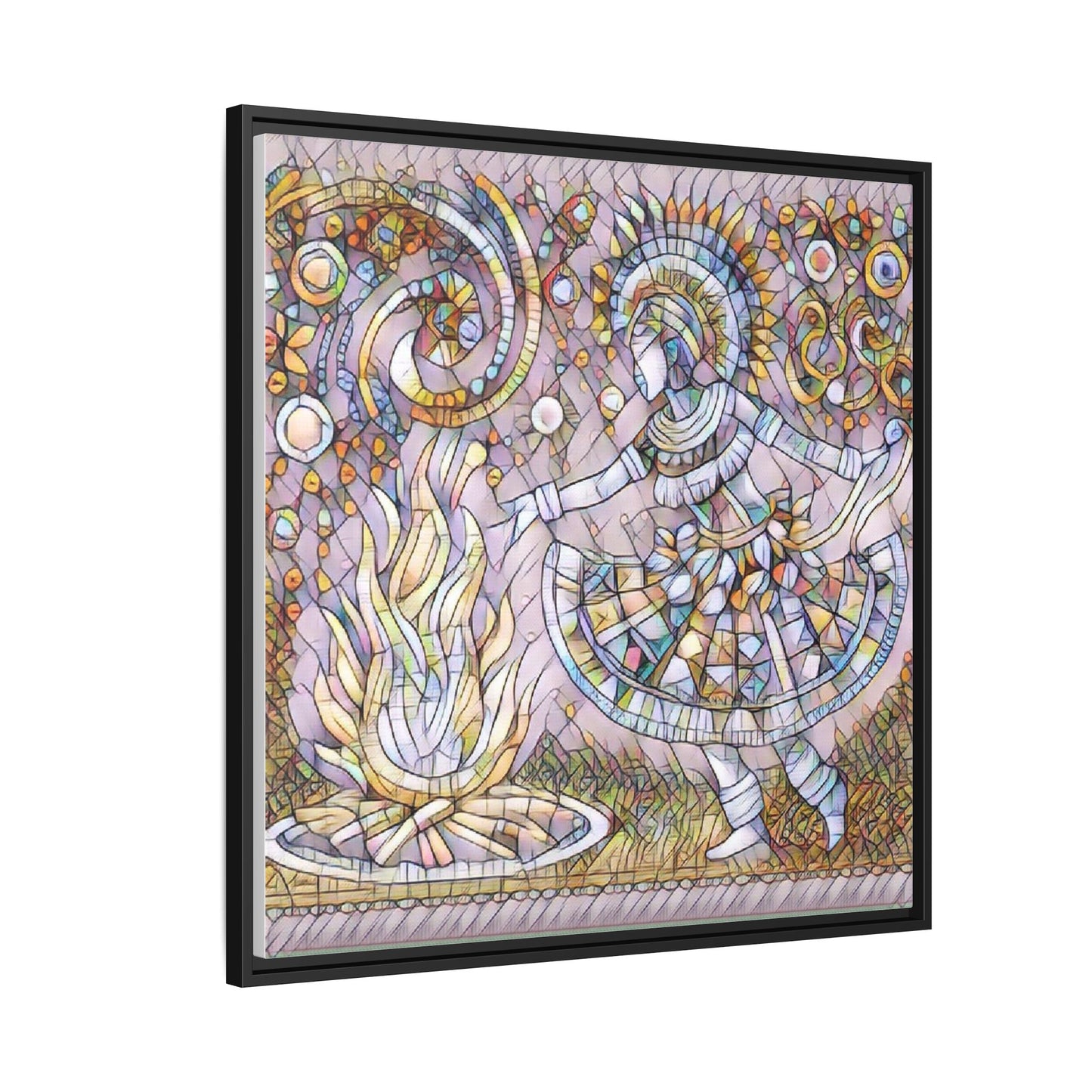 Bohemian Fire Dancer Framed Canvas Art — Colorful Folk Mosaic Wall Decor