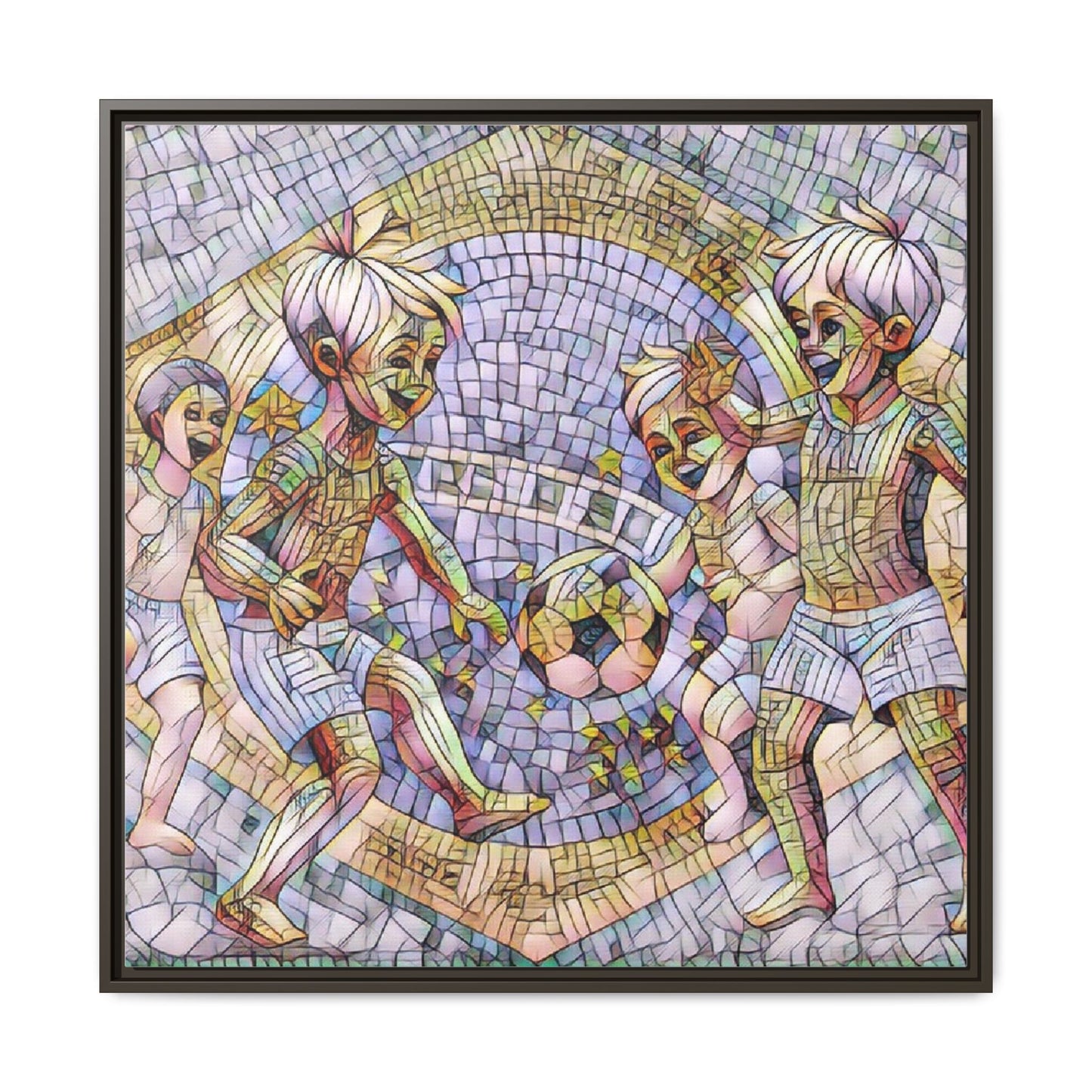 Framed Matte Canvas – Vintage Mosaic Kids Playing Soccer Art