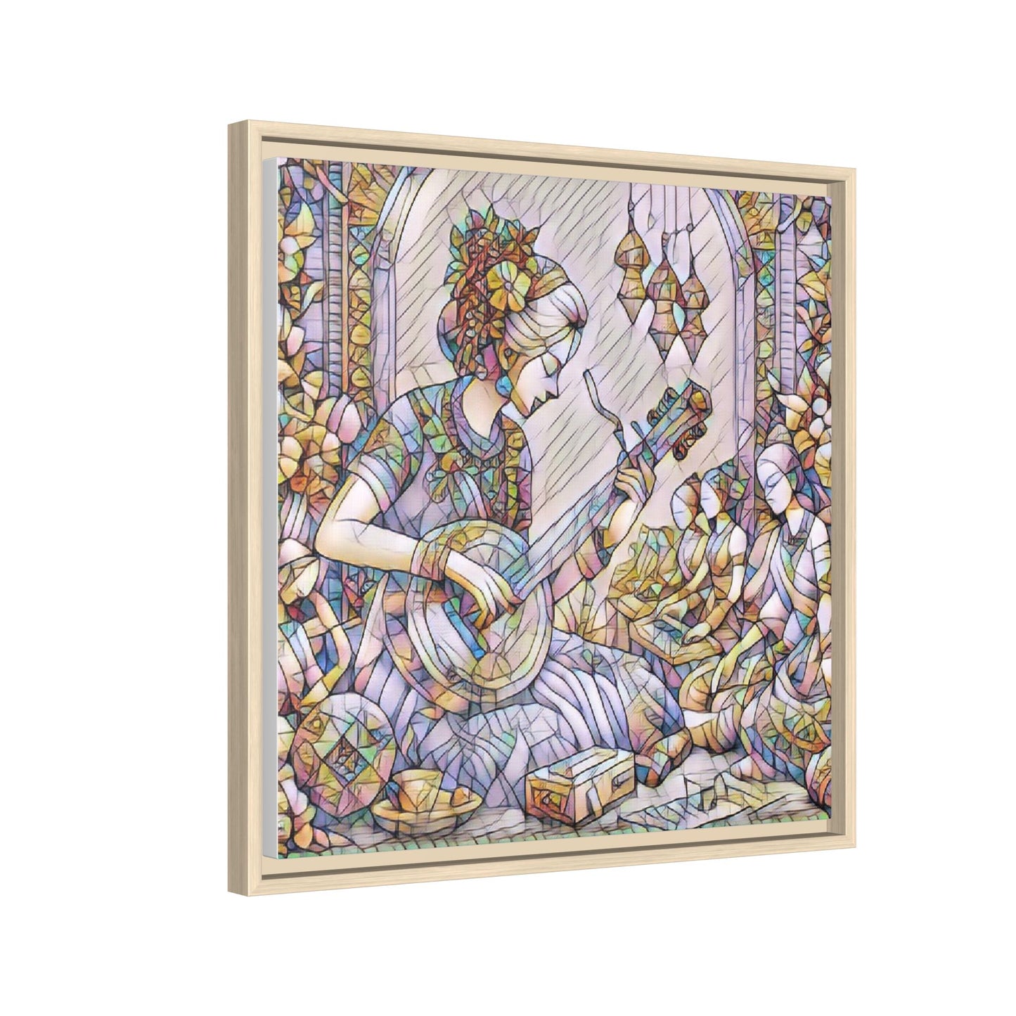 Framed Matte Canvas: Bohemian Woman Playing Lute — Stained-Glass Style Wall Art