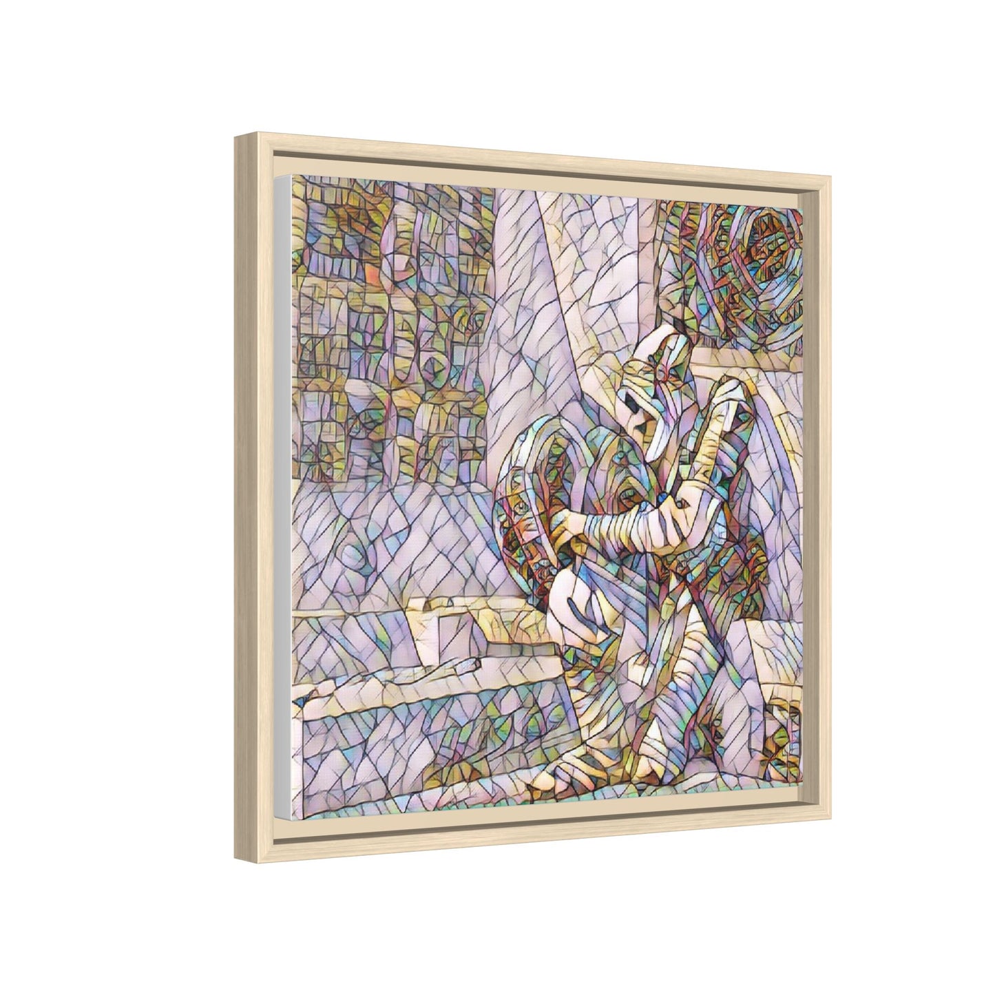 Framed Matte Canvas Art — Colorful Stained-Glass Astronaut Embrace