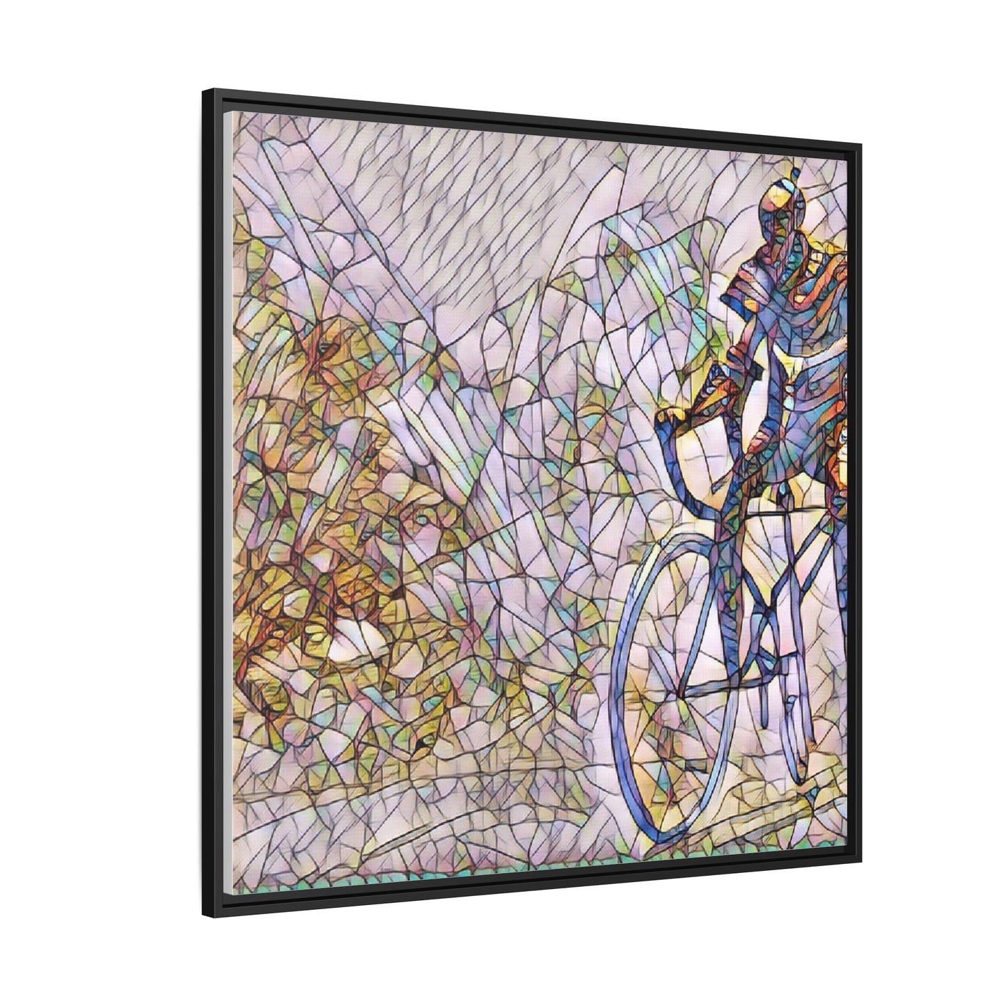 Colorful Cyclist Stained-Glass Art — Framed Matte Canvas