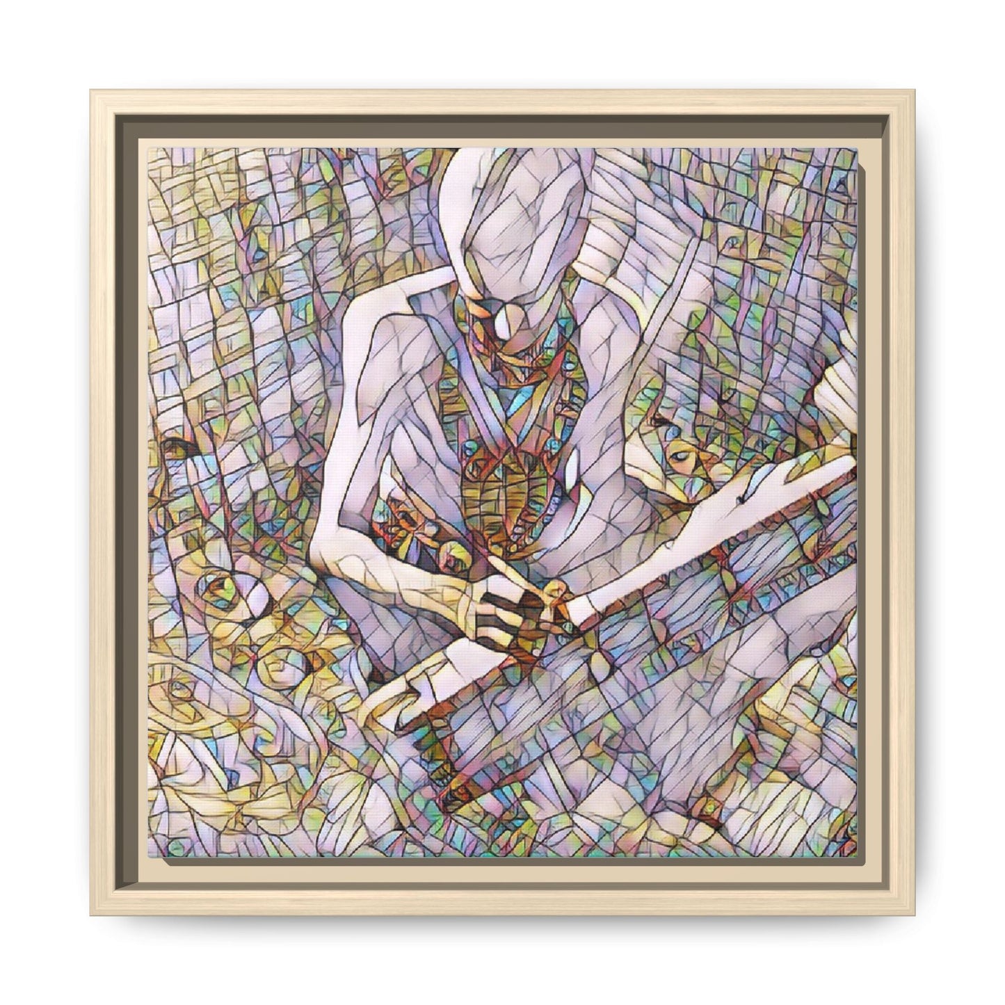 Abstract Fantasy Warrior Matte Framed Canvas — Colorful Stained-Glass Style Art
